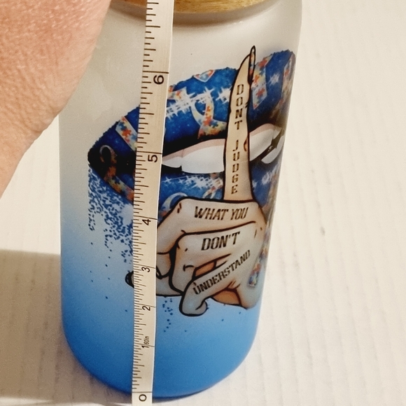 New 7" Frosted Glass Autism Tumbler w/ Wood Stopper Lid & Straw - Picture 10 of 12